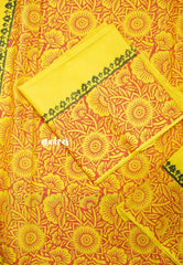 Yellow - Handpainted south cotton with raw silk blouse combo - Ambigai