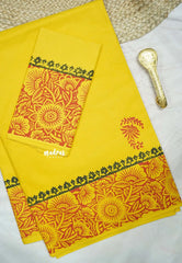 Yellow - Handpainted south cotton with raw silk blouse combo - Ambigai