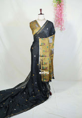 Ebony Black - Ananya - Soft Mangalore Silk Saree Metallic Shades Pichwai Prints Pallu and Blouse with Buttas - Perfect for Office Wear | Casual Wear