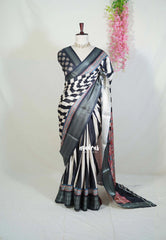 Black and White - Ananya - Soft Mangalore Silk Saree Metallic Shades with Ajrakh Prints - Perfect for Office Wear | Casual Wear