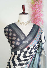 Black and White - Ananya - Soft Mangalore Silk Saree Metallic Shades with Ajrakh Prints - Perfect for Office Wear | Casual Wear
