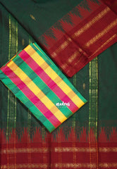 Dark Green - Andal - Mercerised Cotton with Silk Finish Kanchi Border and Buttas with Madras Kattam Silk Blouse - Perfect for Regular Wear | Casual Wear