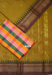 Mustard Brown - Andal - Mercerised Cotton with Silk Finish Kanchi Border and Buttas with Madras Kattam Silk Blouse - Perfect for Regular Wear | Casual Wear