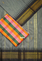 Ash Grey - Andal - Mercerised Cotton with Silk Finish Kanchi Border and Buttas with Madras Kattam Silk Blouse - Perfect for Regular Wear | Casual Wear