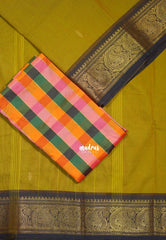 Dual Shade Muted Mustard Green - Andal - Mercerised Cotton with Silk Finish Kanchi Border and Buttas with Madras Kattam Silk Blouse - Perfect for Regular Wear | Casual Wear