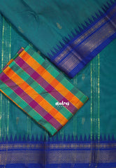 Muted Teal Green - Andal - Mercerised Cotton with Silk Finish Kanchi Border and Buttas with Madras Kattam Silk Blouse - Perfect for Regular Wear | Casual Wear
