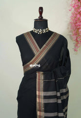 Ebony Black - Andal – Narayanpet Silk Cotton with Thread Weaving Border - Perfect for Regular Wear | Casual Wear