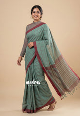 Muted Sea Green - Andrea - Soft Khadi Cotton Saree Checks with Plain Border