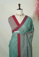 Muted Sea Green - Andrea - Soft Khadi Cotton Saree Checks with Plain Border