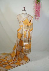Sand Beige with Orangish Yellow - Anjali - Soft Tissue Linen Saree with Floral Print & Lace Border – Best for Pooja Functions