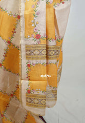 Sand Beige with Orangish Yellow - Anjali - Soft Tissue Linen Saree with Floral Print & Lace Border – Best for Pooja Functions