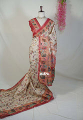 Sandal Beige with Lace - ANJALI - Soft Tissue linen Saree with Floral Prints with Lace Work - Perfect for Festive Wear