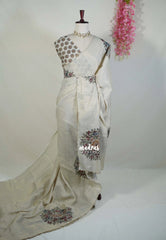 Pastel Dove Grey - ANJALI - Soft Tissue linen Saree Embroidery with Scallop - Perfect for Festive Wear