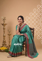 Muted Green - Arani Semi Silk Saree Muthukattam with Skirt Border - Best for Regular Wear | Temple Visit