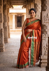 Saffron Orange - Arani Semi Silk Saree Muthukattam with Skirt Border - Best for Regular Wear | Temple Visit