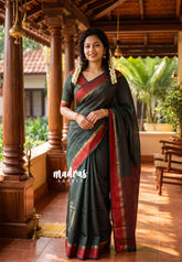 Midnight Green - Arani Semi Silk Saree Muthukattam with Skirt Border - Best for Regular Wear | Temple Visit