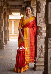 Spicy Red - Arani semi silk saree with weaving plus buttas - Best for Regular Wear | Temple visit