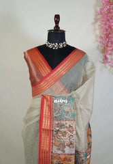 Muted Beige - Shalini - Artisanal Work Super Net Saree with Art Work Border - Best for Festive Wear / Hightea party