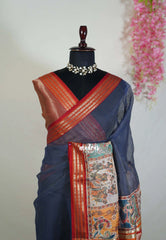 Midnight Blue - Shalini - Artisanal Work Super Net Saree with Art Work Border - Best for Festive Wear / Hightea party