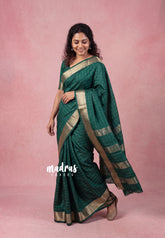 Emerald Green - Avantika - Semi Mysore Silk Saree with Checks Weaving and Zari Border - Perfect for Small Functions