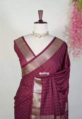 Wine Maroon - Avantika - Semi Mysore Silk Saree with Checks Weaving and Zari Border - Perfect for Small Functions