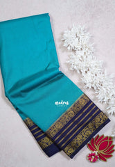 Teal Blue - Avantika - Semi Mysore Silk Saree with Contrast Traditional Border - Perfect for Small Functions