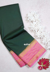 Dark Green - Avantika - Semi Mysore Silk Saree with Contrast Traditional Border - Perfect for Small Functions