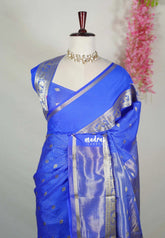 Royal Blue - Avantika - Semi Mysore Silk Saree with Checks Weaving Gap and Mayil Border - Perfect for Small Functions