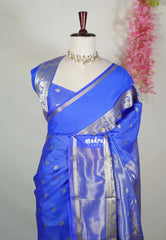 Royal Blue - Avantika - Semi Mysore Silk Saree with Checks Weaving Gap and Mayil Border - Perfect for Small Functions