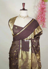 Coffee Brown - Avantika - Semi Mysore Silk Saree with Checks Weaving Gap and Mayil Border - Perfect for Small Functions