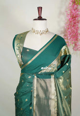 Emerald Green - Avantika - Semi Mysore Silk Saree with Checks Weaving Gap and Mayil Border - Perfect for Small Functions