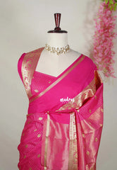 Queen's Pink - Avantika - Semi Mysore Silk Saree with Checks Weaving Gap and Mayil Border - Perfect for Small Functions