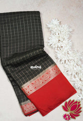 Jet Black - Avantika - Semi Mysore Silk Saree Checks with Skirt Border - Perfect for Wedding Functions