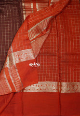 Coffee Brown with Orange - Avantika - Semi Mysore Silk Saree Checks with Skirt Border - Perfect for Wedding Functions