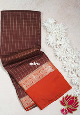 Coffee Brown with Orange - Avantika - Semi Mysore Silk Saree Checks with Skirt Border - Perfect for Wedding Functions