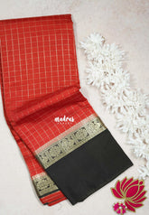 Orangish Red - Avantika - Semi Mysore Silk Saree Checks with Skirt Border - Perfect for Wedding Functions