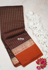 Coffee Brown with Rust Orange - Avantika - Semi Mysore Silk Saree Checks with Skirt Border - Perfect for Wedding Functions