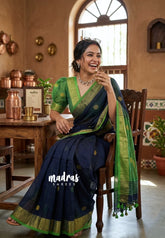 (PRE-BOOKING) Midnight Navy Blue - Kannamma Handwoven Ballbutta linen with Green pallu