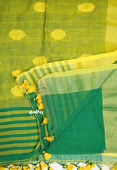 kannamma  Handwoven Ballbutta linen Fresh green with yellow pallu - Madras Sarees