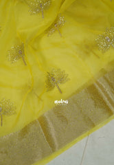 Lime Yellow - Banarasi Organza Silk with Beads worked Lotus Jacquard Border - Best for wedding Reception