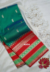 Dual Shade Peacock Green - Durga - Traditional Banarasi Semi Soft Silk Saree with Big Border and Buttas - Best for Festive Wear