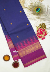 Karthigai silk cotton Big border with temple weaving - MS Blue - Madras Sarees
