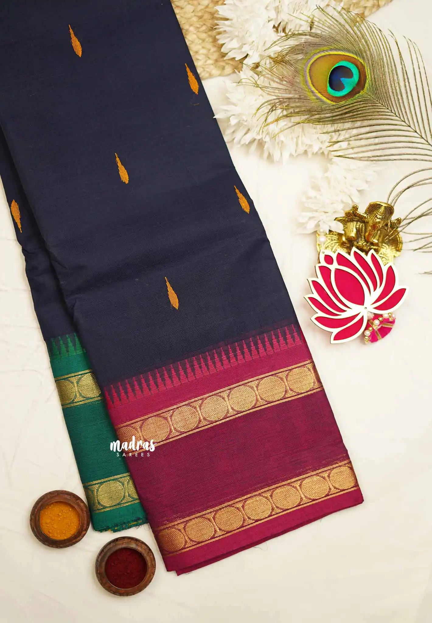 Karthigai silk cotton Rudhraksham Ganga Jamuna border - Navy blue - Madras Sarees