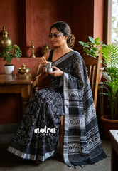 Jet Black - Pure Linen Cotton Saree with Silver Border - Perfect for Office Wear | Casual Wear | Summer