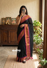 Midnight Black - Soft Mul cotton Plain Body with Traditional Border - Perfect for Office Wear | summer wear | Casual wear