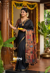 (PRE-BOOKING) Nightfall Black - Ananya - Soft Mangalore Silk Plain Saree with Kalamkari Pallu and Blouse - Best for Casual Gatherings