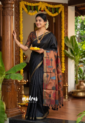 Nightfall Black - Ananya - Soft Mangalore Silk Plain Saree with Kalamkari Pallu and Blouse - Best for Casual Gatherings
