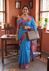 Olympic Blue - Pragathi - Linen Cotton Saree Plain with Checks Border and Blouse - Perfect for Office Wear | Summer wear | Casual Wear