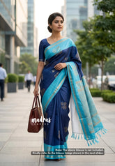 Midnight Blue - Yamini Paper Silk Stripes in Body with Contrast Pallu and Blouse - Perfect Office Wear | Casual Wear