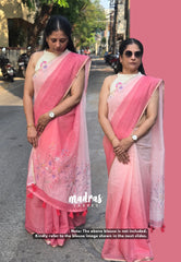 Blush Pink Ombre with Ivory Base - Linen Cotton Saree with Gradient Ombre tone and Floral Digital Prints - Perfect for Office Wear | Summer wear | Casual Wear